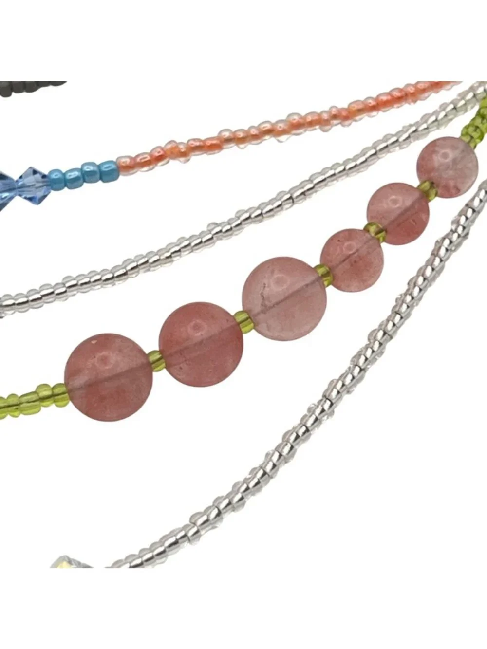 Blue Agate Slice Pendant Necklace Multistrand Beaded Boho Pink Green Glass Layer - Picture 14 of 15